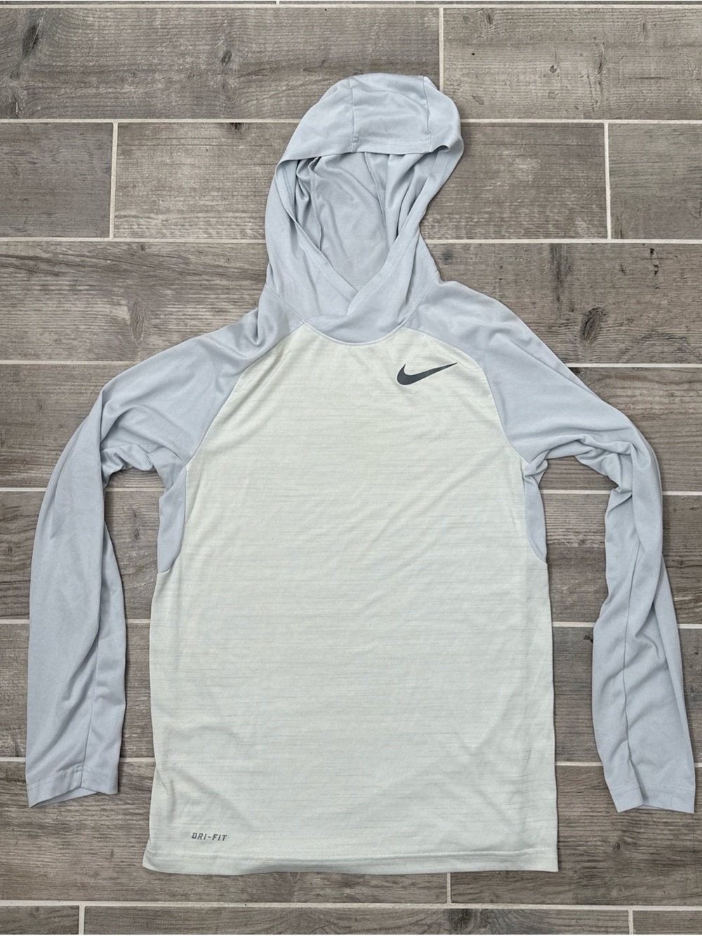 Nike Light Gray and Pale Blue Hooded Performance Top